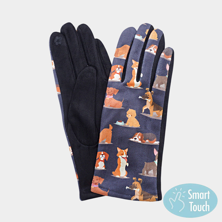Black Cute Puppy Pattern Printed Smart Touch Gloves