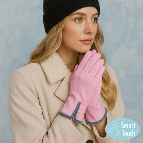 Button Accent Smart Touch Gloves - Pink