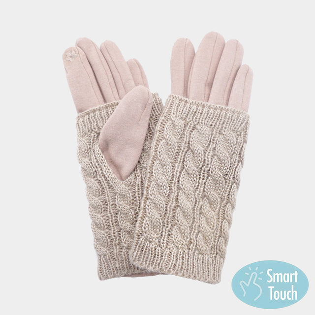 Beige Cozy cable knit gloves with smart touch technology for easy device use. Soft, warm, and stylish, these winter gloves offer comfort and functionality, making them perfect for daily wear and outdoor activities.