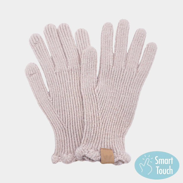 Beige Ribbed knit gloves with smart touch technology, offering warmth, comfort, and easy use of devices without removing them. Designed with a snug fit and simple detailing, these versatile gloves are perfect for cold-weather wear, blending practicality with timeless winter style.