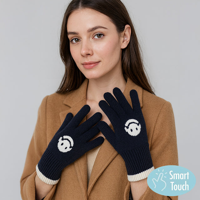 Black Playful knit gloves with smiley face design and smart touch technology for effortless device use. Warm, practical, and stylish, these gloves are perfect for adding comfort and personality to your cold-weather outfits.