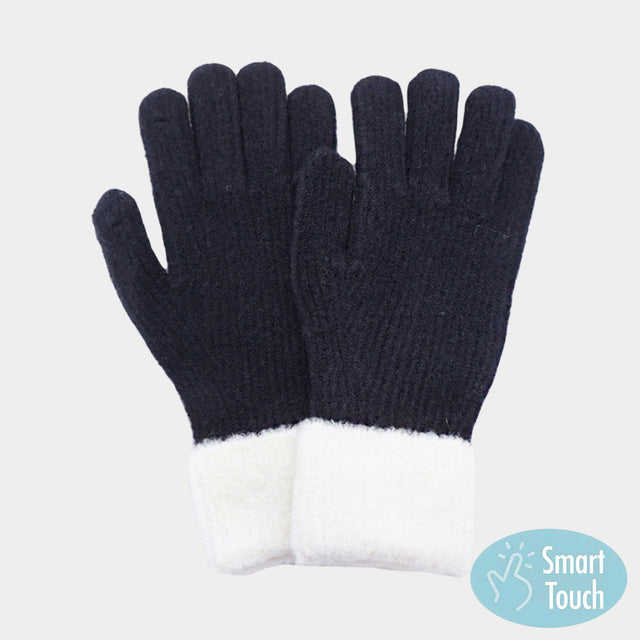 Black Soft knit gloves with a cozy cuffed design, featuring smart touch technology for effortless use of phones and tablets in cold weather. Combining warmth, comfort, and practicality, these versatile gloves are a must-have accessory for everyday winter wear with timeless style.