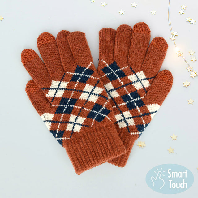 Rust Argyle Patterned Knit Touch Smart Gloves
