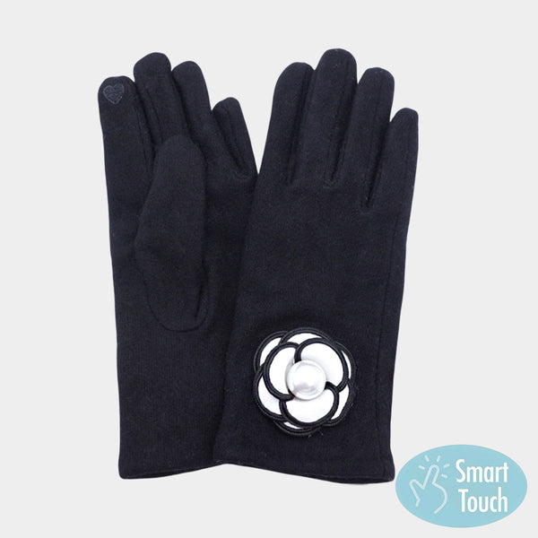 Black Pearl Flower Accent Elegant Smart Touch Gloves