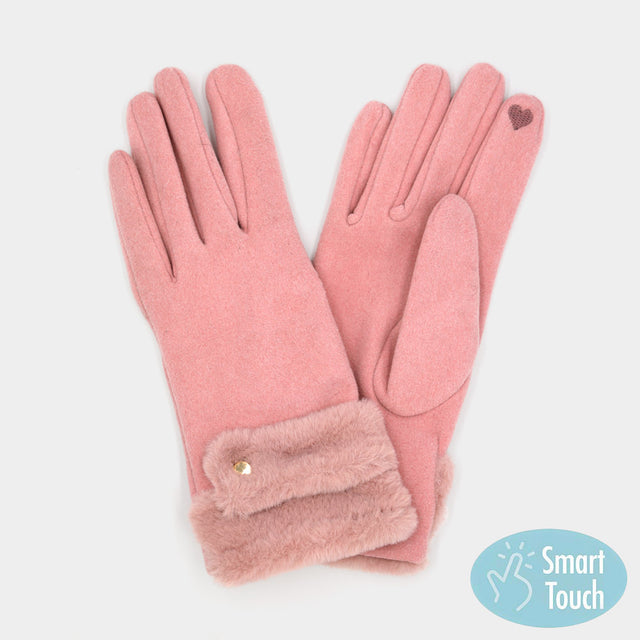 Pink Double Faux Fur Cuff Fleece Smart Touch Gloves
