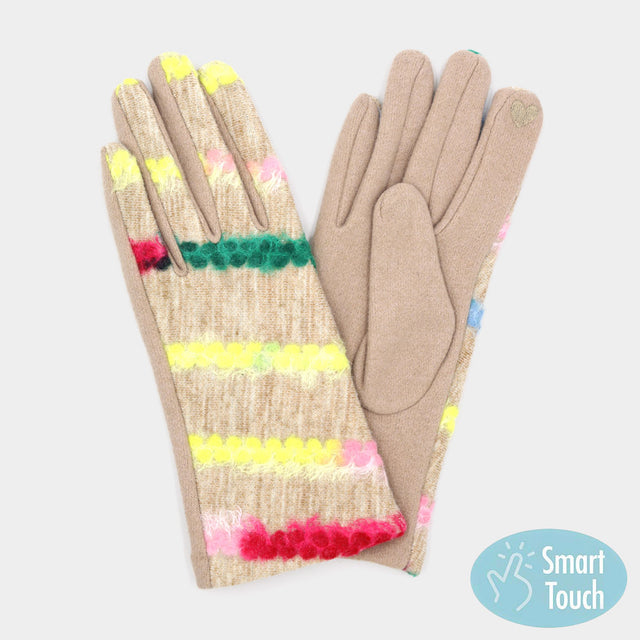 Beige Multi Color Yarn Pattern Smart Touch Gloves