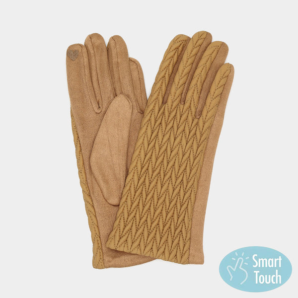 Taupe Elegant gloves featuring a quilted pattern design with smart touch fingertips for phone use. Warm and functional, these gloves combine style with practicality, making them a versatile cold-weather accessory for everyday wear.