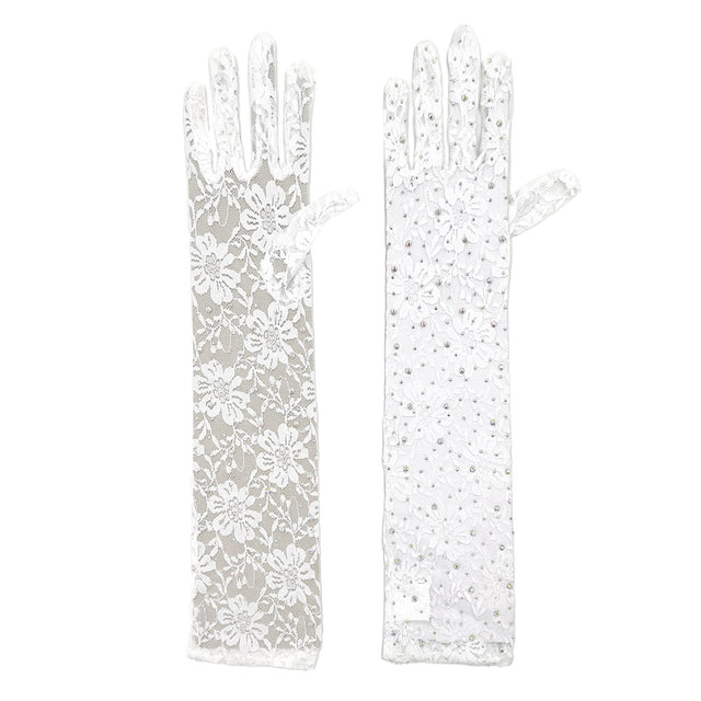 White Elegant stone-embellished floral lace wedding gloves designed to add a touch of sparkle and timeless romance to your bridal or formal look. Featuring delicate lace detailing and a refined long silhouette, these dressy gloves beautifully complement wedding gowns, evening dresses, and special occasion outfits.