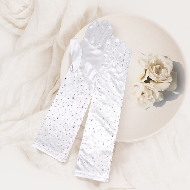 Madeline Love White Stone Embellished Dressy Satin Long Wedding Gloves - Wedding & Bridal