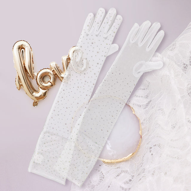Madeline Love AB, White Stone Embellished Dressy Mesh Long Wedding Gloves - Wedding & Bridal