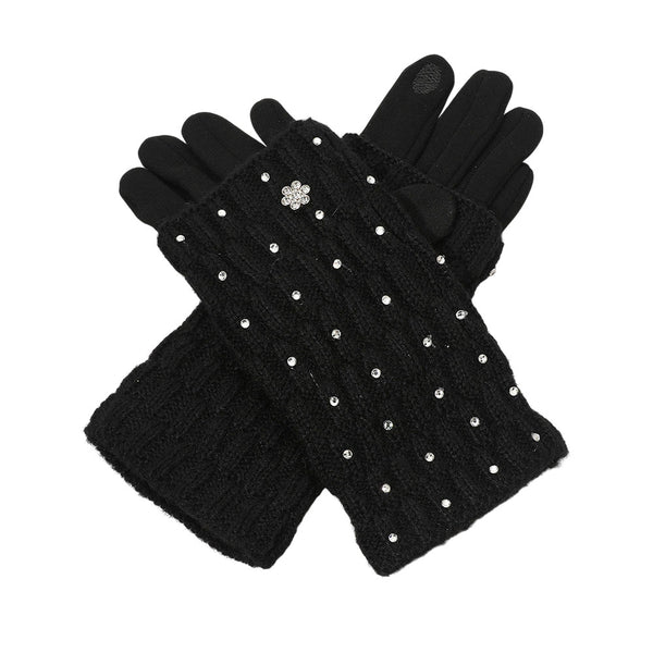 Black Stay stylish and connected with these cozy knit gloves featuring elegant rhinestone accents and Smart Touch fingertips. Designed for comfort and convenience, they keep your hands warm while letting you use your devices effortlessly in cold weather.