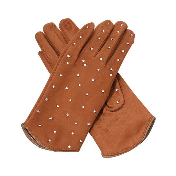 Brown Rhinestone Embellished Smart Touch Winter Gloves
