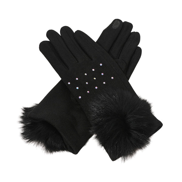 Black Faux Fur Cuff Pom Rhinestone Embellished Smart Touch Winter Gloves