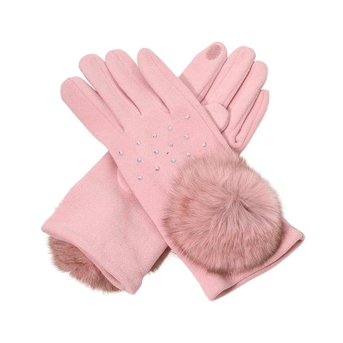 Faux Fur Cuff Pom Rhinestone Embellished Smart Touch Winter Gloves - Pink
