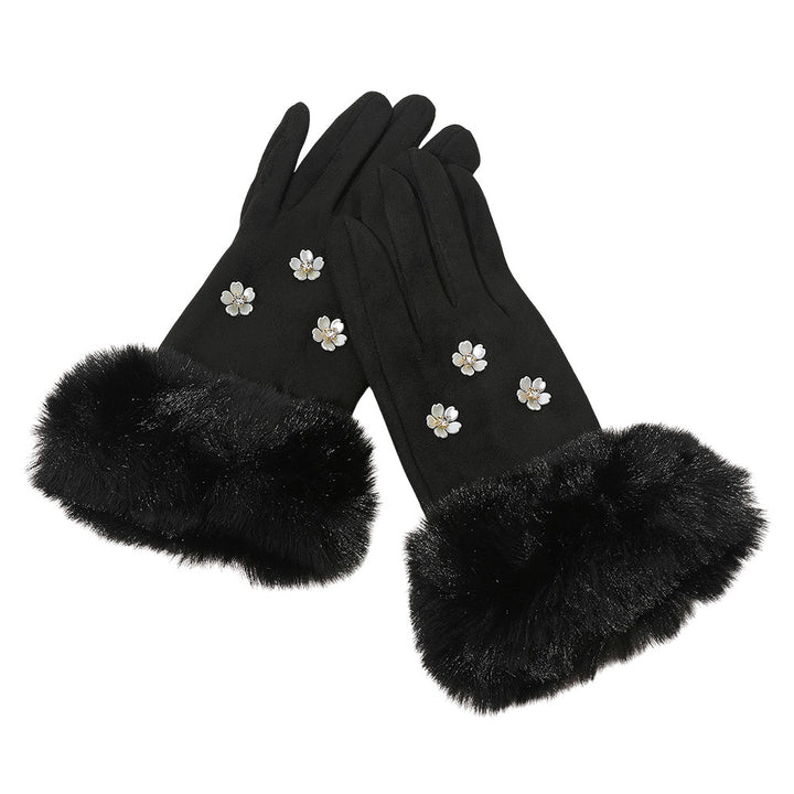 Black Rhinestone Flower Embellished Faux Fur Cuff Smart Touch Winter Gloves