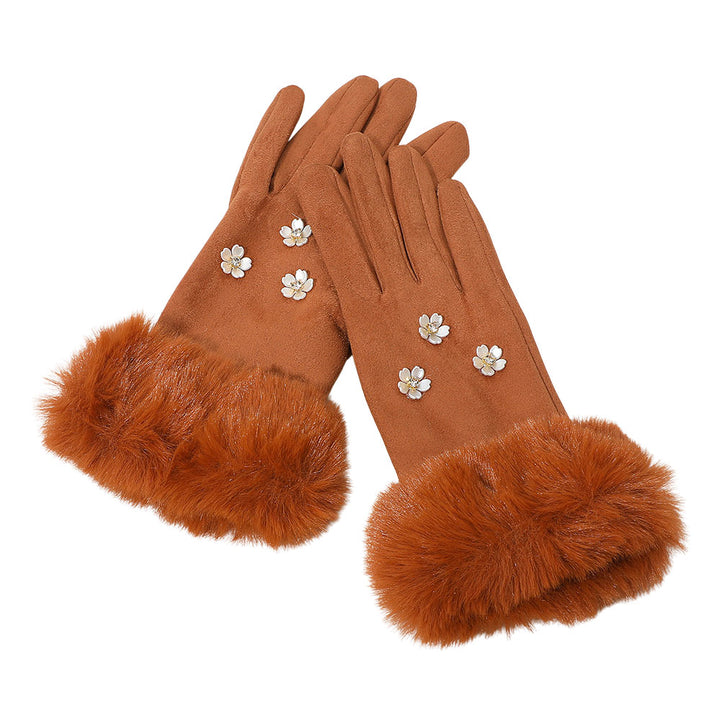 Brown Rhinestone Flower Embellished Faux Fur Cuff Smart Touch Winter Gloves