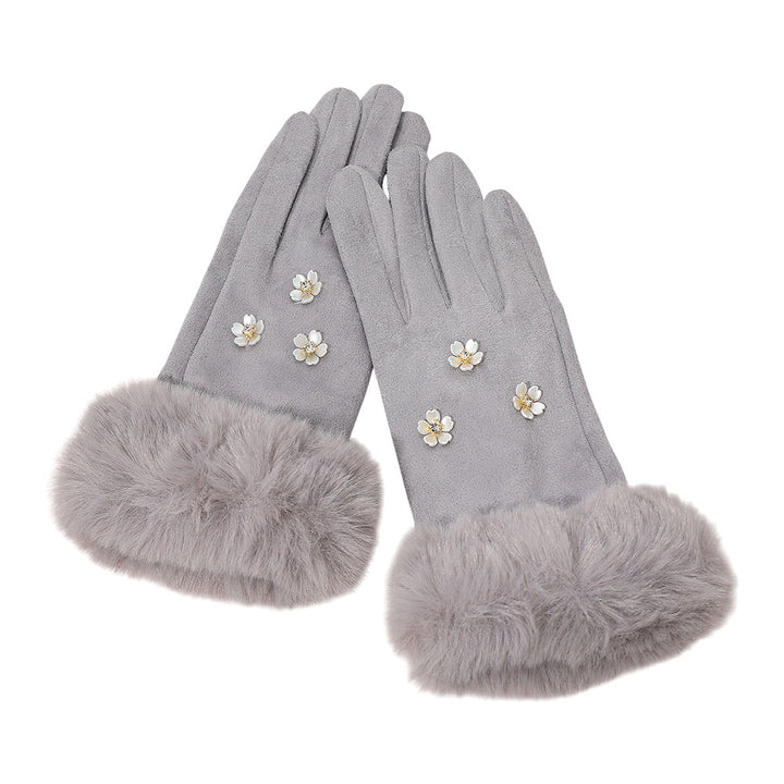 Gray Rhinestone Flower Embellished Faux Fur Cuff Smart Touch Winter Gloves