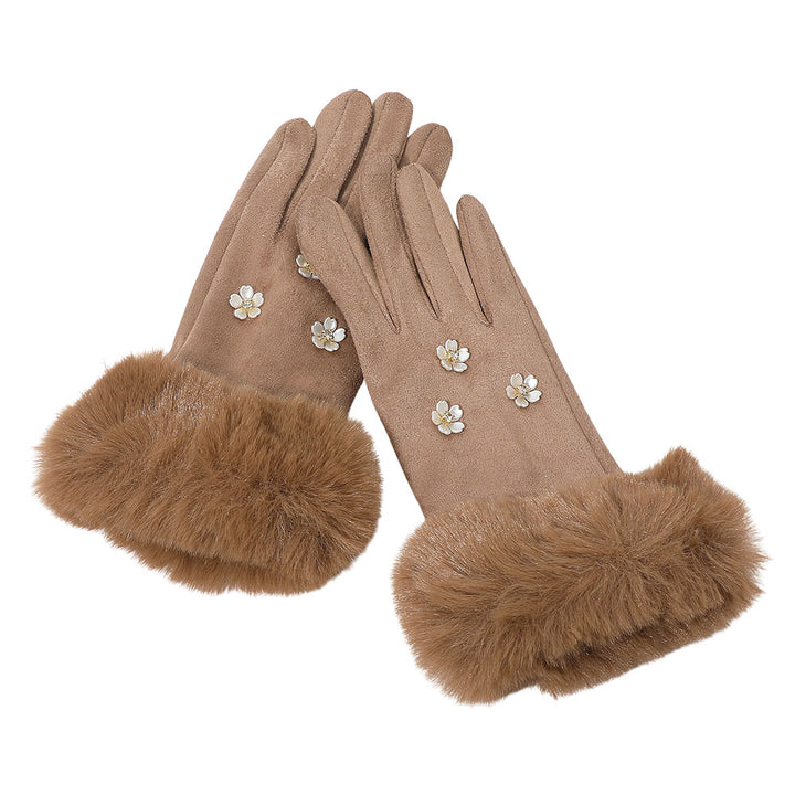 khaki Rhinestone Flower Embellished Faux Fur Cuff Smart Touch Winter Gloves