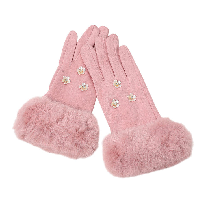 Pink Rhinestone Flower Embellished Faux Fur Cuff Smart Touch Winter Gloves