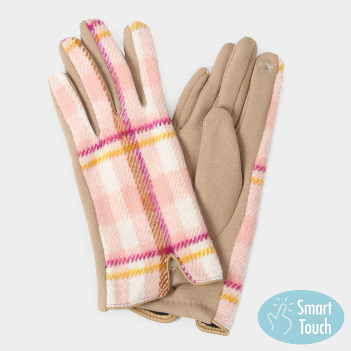 Pink Plaid Check Patterned Touch Smart Gloves