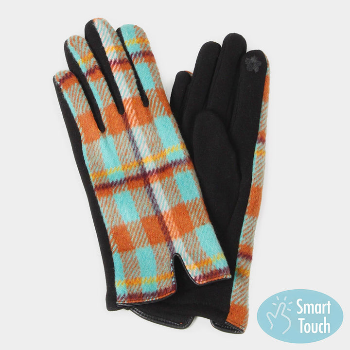 Turquoise Plaid Check Patterned Touch Smart Gloves