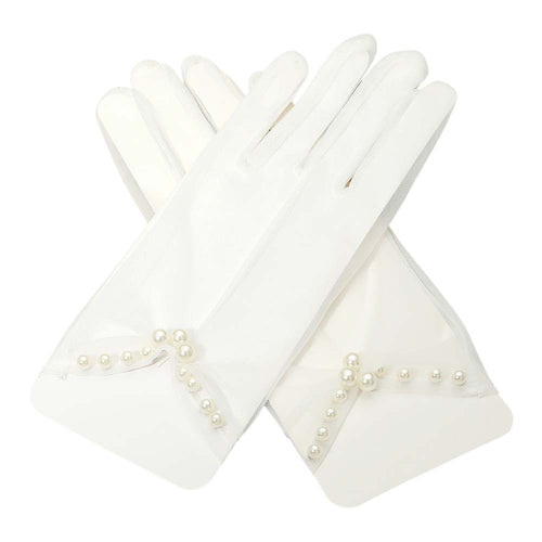 Dressy Pearl Wrist Detail Sheer Gloves - White