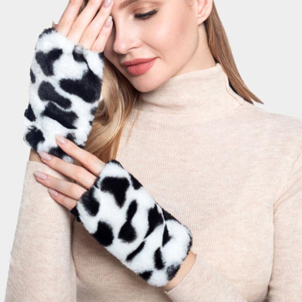 White Cow Patterned Faux Fur Fingerless Gloves