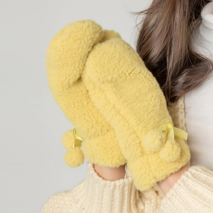 Yellow Velvet Ribbon Sherpa Mitten Gloves