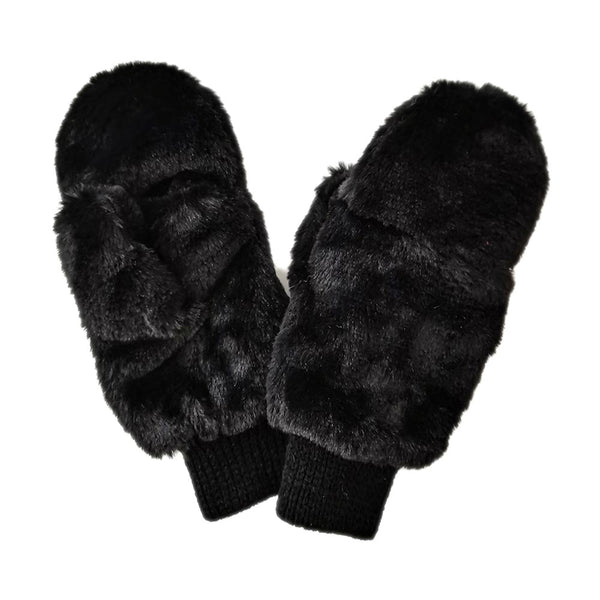 Black Solid Faux Fur Open Up Mitten Gloves