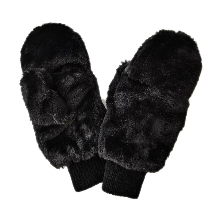 Black Solid Faux Fur Open Up Mitten Gloves