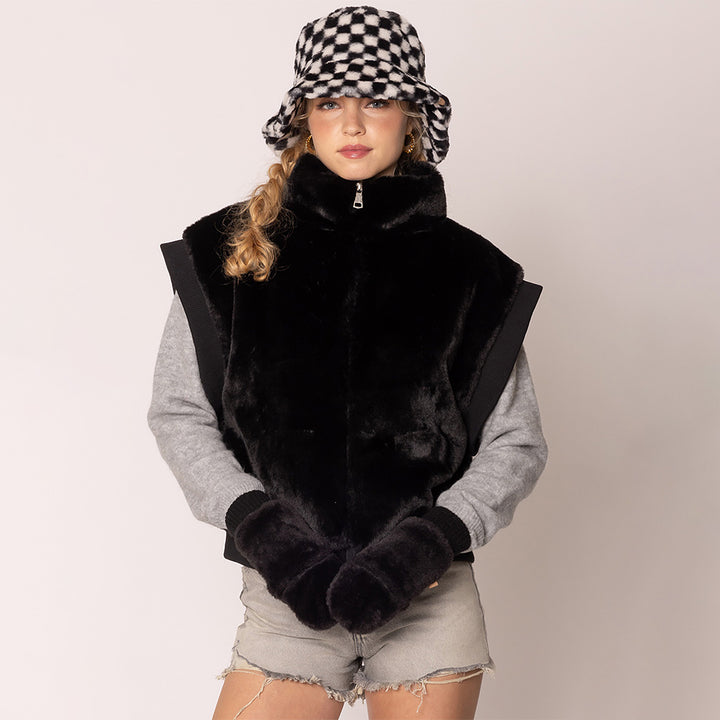 Black Solid Faux Fur Open Up Mitten Gloves