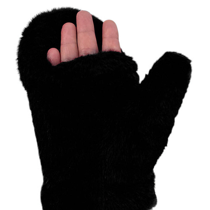 Black Solid Faux Fur Open Up Mitten Gloves