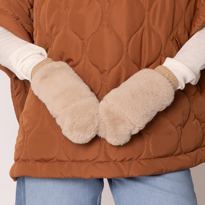 Camel Solid Faux Fur Open Up Mitten Gloves