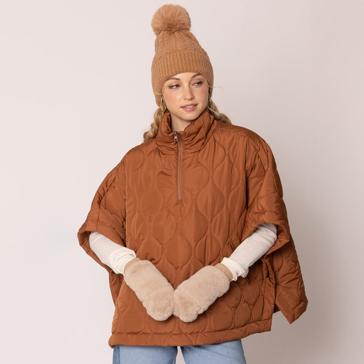 Camel Solid Faux Fur Open Up Mitten Gloves