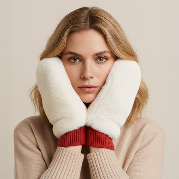 Ivory Red Solid Faux Fur Open Up Mitten Gloves
