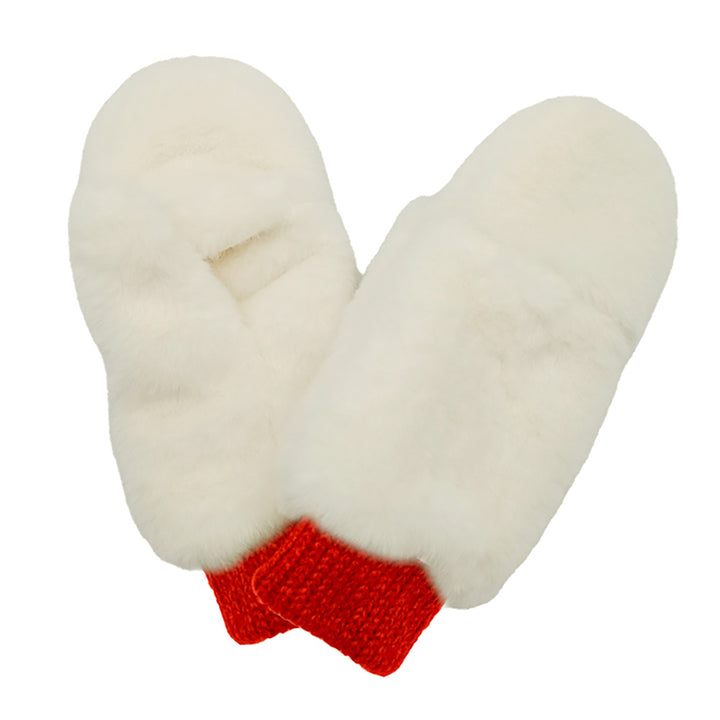 Ivory Red Solid Faux Fur Open Up Mitten Gloves