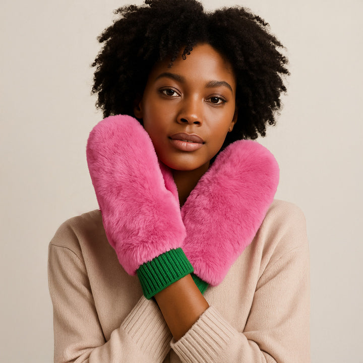 Pink&Green Solid Faux Fur Open Up Mitten Gloves