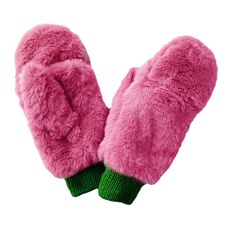 Pink&Green Solid Faux Fur Open Up Mitten Gloves