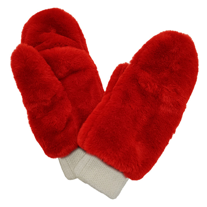 Red Solid Faux Fur Open Up Mitten Gloves