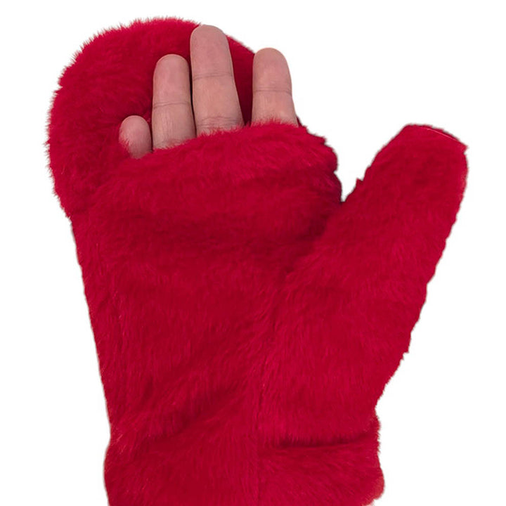 Red Solid Faux Fur Open Up Mitten Gloves