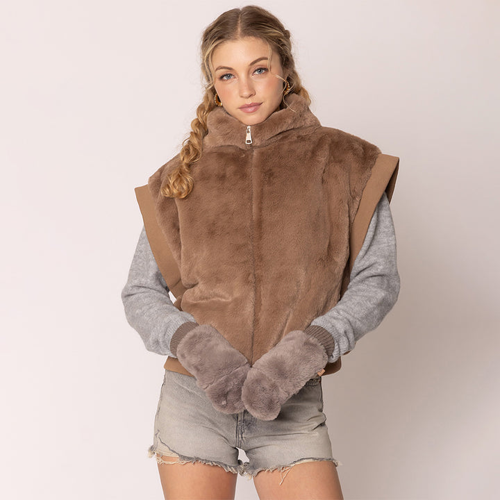 Taupe Solid Faux Fur Open Up Mitten Gloves