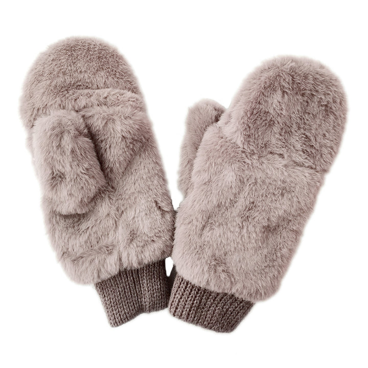Taupe Solid Faux Fur Open Up Mitten Gloves