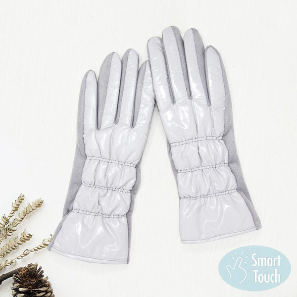 Gray Glittered Shiny Padded Puffer Smart Gloves