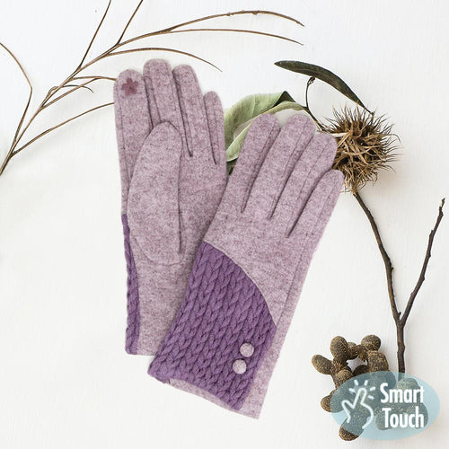Cable Detailed Button Touch Smart Gloves - Lavender