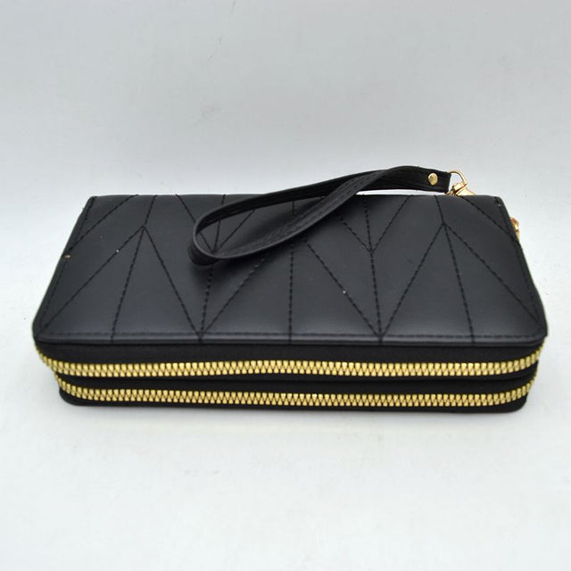 Geometric Stitched Double Zipper Wallet with Wristlet Strap - Black - Wallets