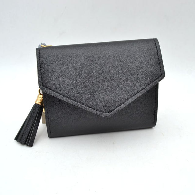 Envelope Flap Compact Wallet with Tassel Charm - Black - Wallets