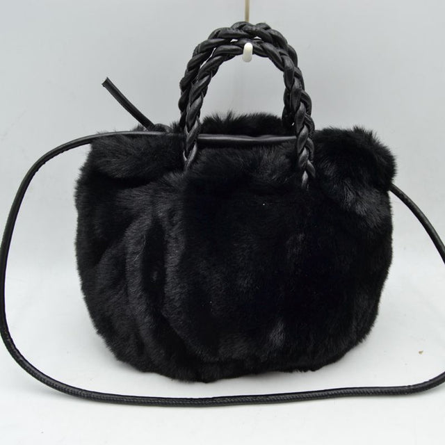 Plush Faux Fur Bucket Handbag with Braided Handles and Long Strap - Black - Bucket Bag