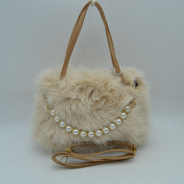 Plush Faux Fur Handbag with Pearl Bead Accent and Dual Straps - Beige - HandBag