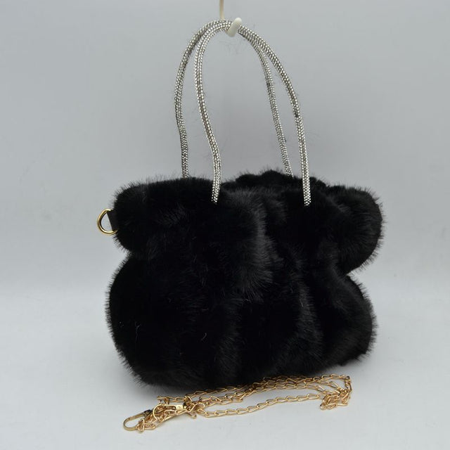 Plush Faux Fur Handbag with Rhinestone Handles and Chain Strap - Black - HandBag