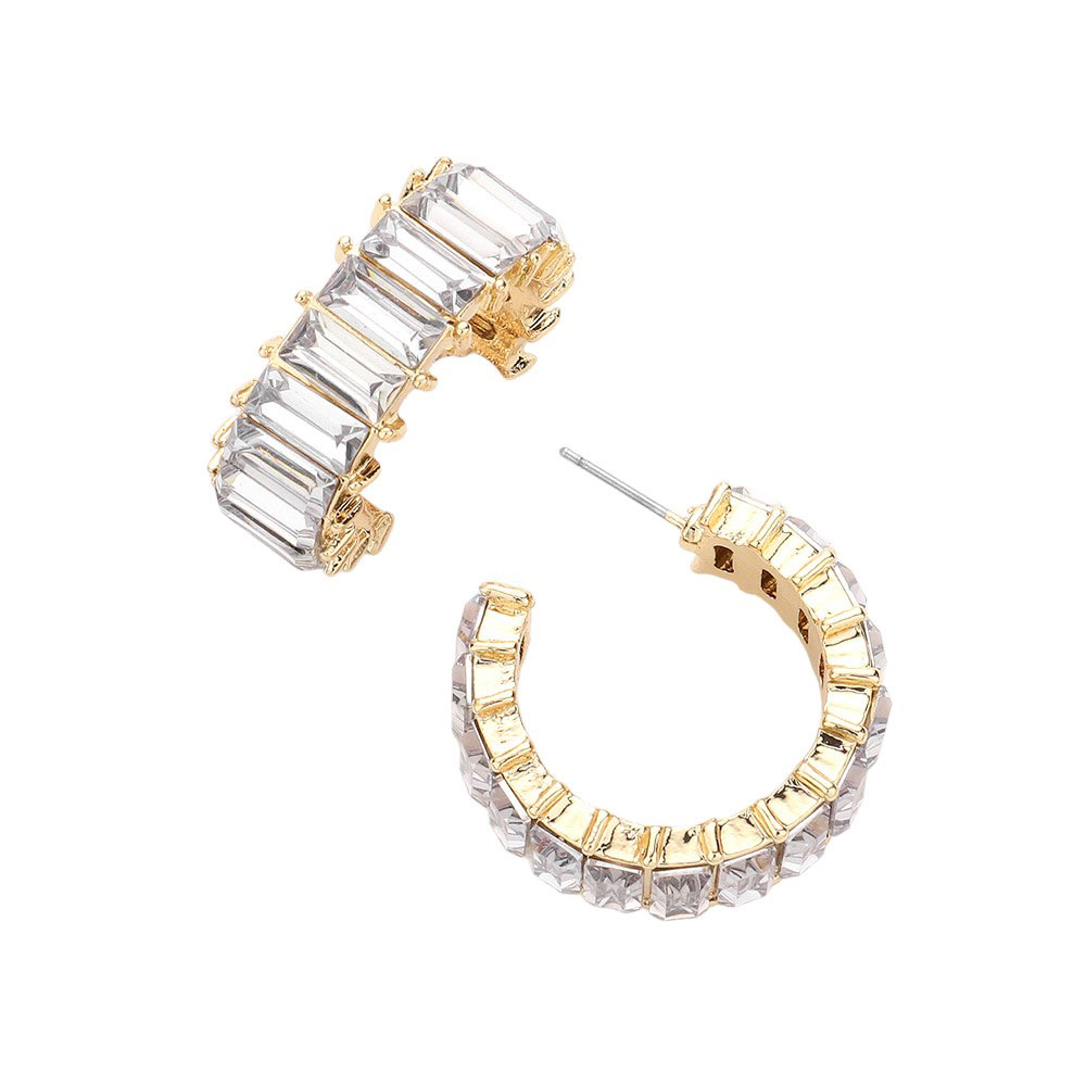 Gold Baguette Stone Cluster Hoop Evening Earrings, Complete your evening look with these stunning evening earrings. Adorned with sparkling baguette stones, these earrings exude elegance and luxury. Hand-crafted with care, these earrings are the perfect accessory for any special occasion. Elevate your style with these.
